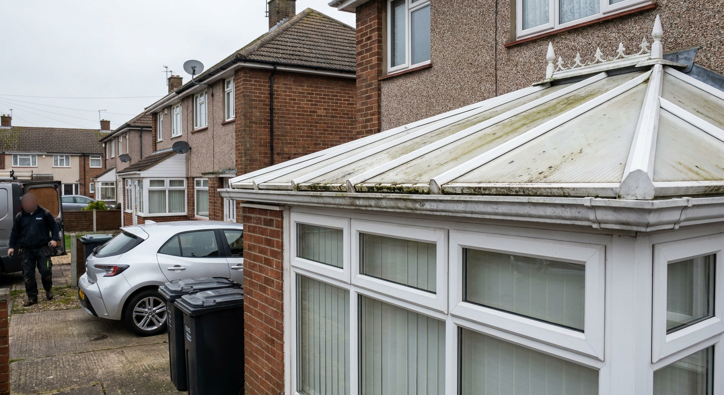 A grimy old conservatory roof on a terraced house with a blurred figure nearby.