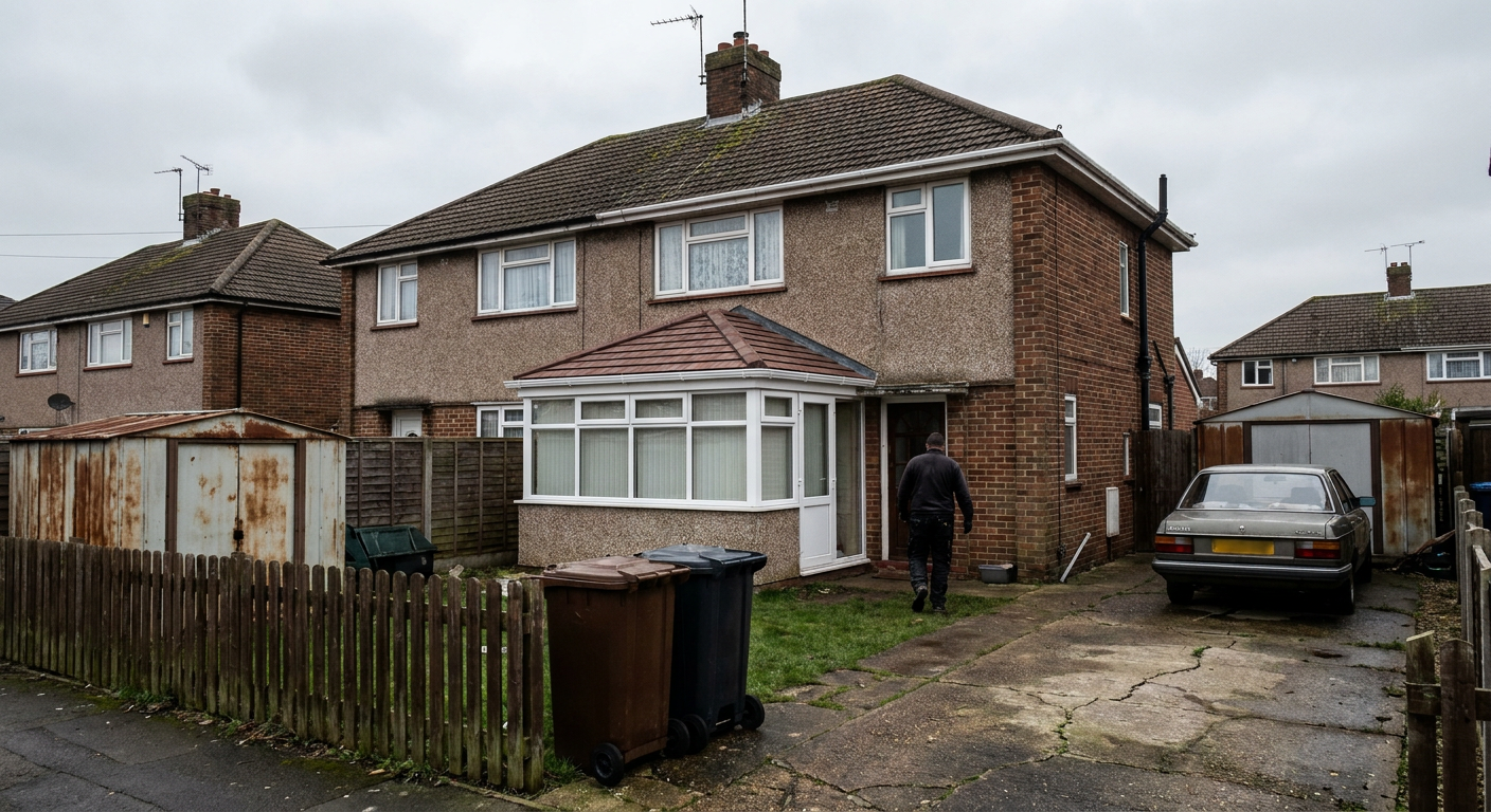 Front view of a pebbledash semi with a new tiled conservatory roof and rusty sheds nearby.
