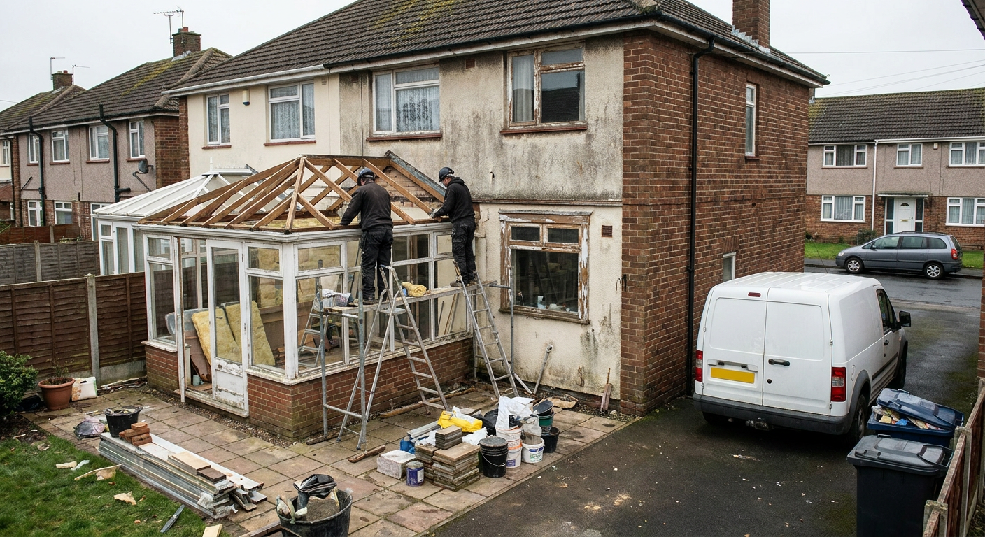 Workers fitting a new insulated roof frame on a UK conservatory extension.