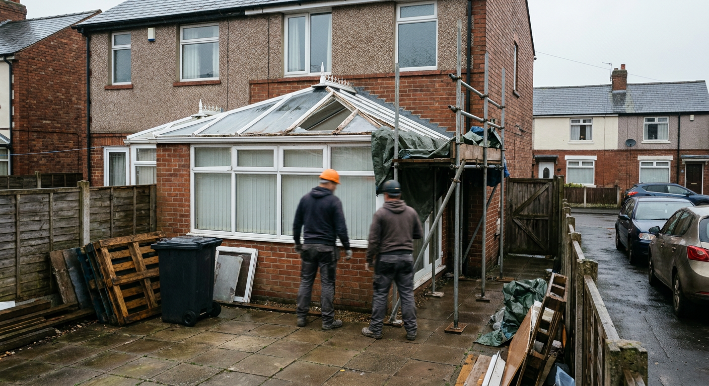 Two workmen assess an old conservatory roof beside a rendered semi-detached house.