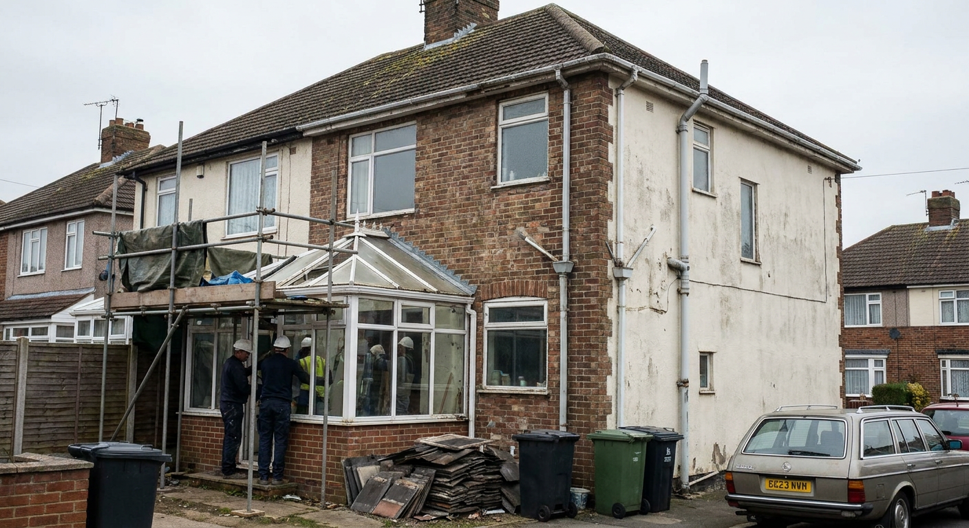 Workers install a conservatory under scaffolding on a pebbledashed semi-detached house.