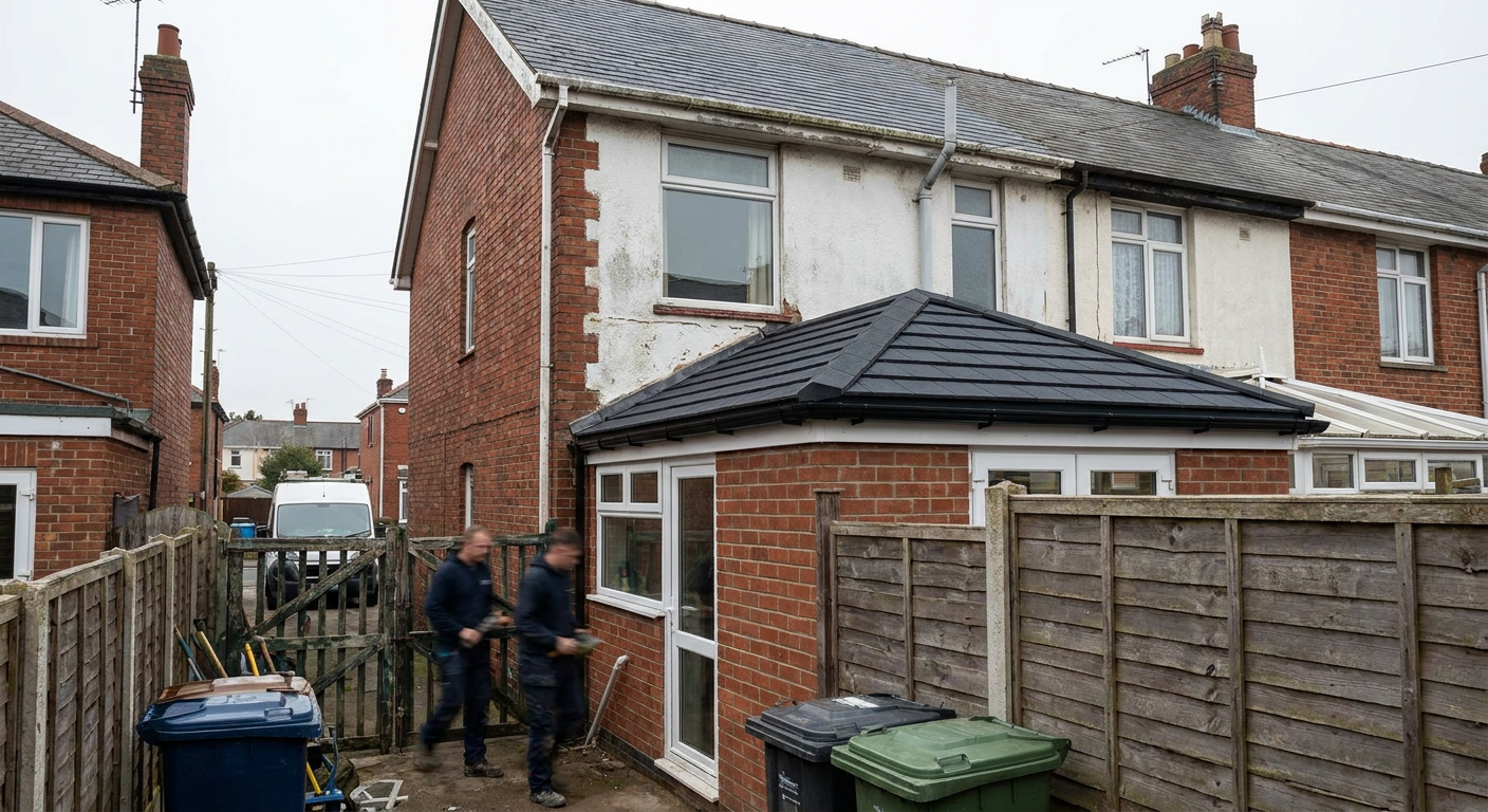 Two workers carry materials past a house with a new black conservatory roof.