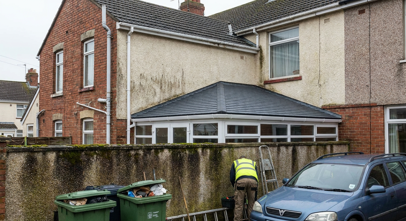 A worker in hi-vis works near a heavily stained wall above a new conservatory roof.