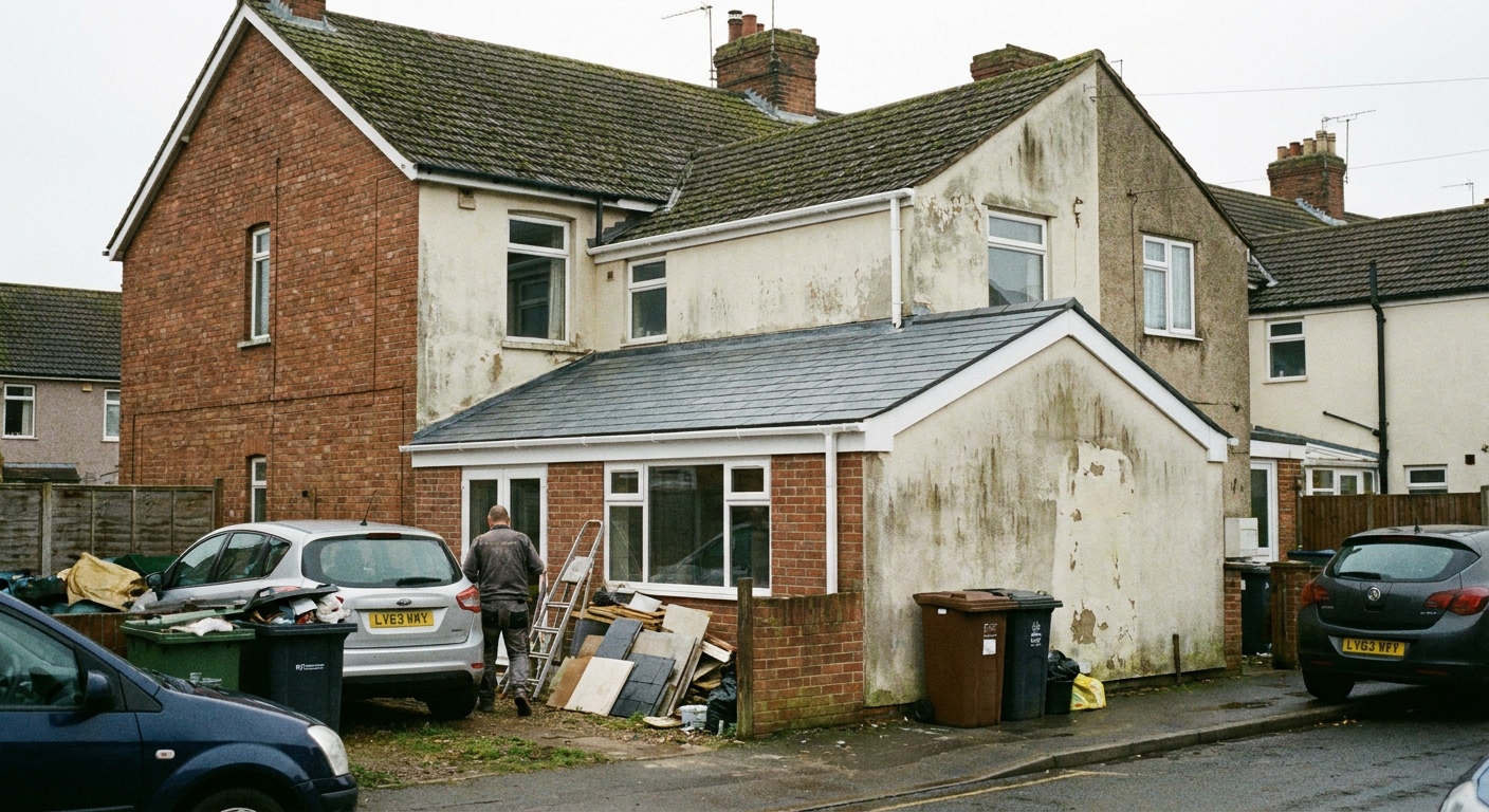 Semi-detached house with a newly tiled conservatory roof and a worker nearby.