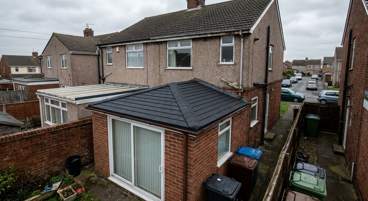 Aerial view of a finished black tiled conservatory roof on a pebbledash semi.