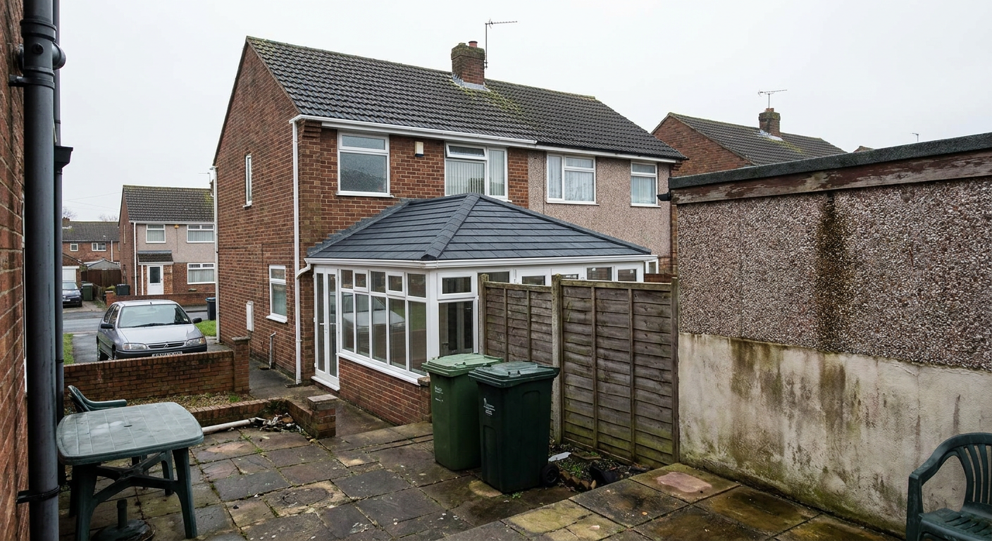 Rear garden view of a semi-detached house with a new black conservatory roof.